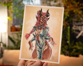 Tiefling Tav in Wellenmutter's Robe Kunstdruck | A5 Giclée Druck | Fantasie Illustration | Baldur's Gate inspiriert