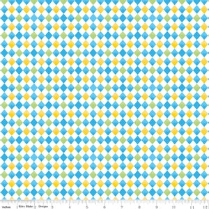 May include: A white background with a repeating pattern of blue, yellow, and green diamond shapes.