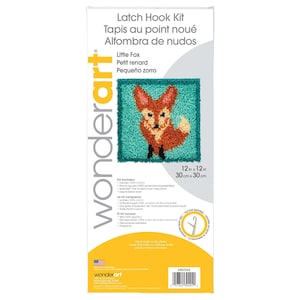 May include: Latch hook kit to create a 12-inch by 12-inch rug featuring a fox with orange fur and a teal background. The kit includes pre-cut rug yarn, a canvas, a latch hook tool, and instructions.
