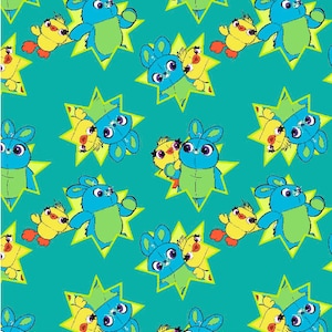 May include: A teal fabric with a repeating pattern of blue and green cartoon characters. The characters are a blue bunny and a yellow chick. The characters are surrounded by yellow stars.