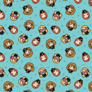 May include: A repeating pattern of colorful cartoon characters on a light blue background. The characters are all wearing glasses and have different hairstyles. The pattern is perfect for fabric, wallpaper, or wrapping paper.