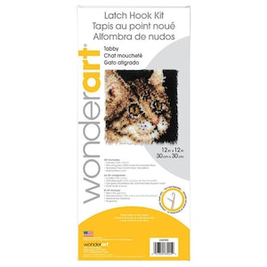 May include: Latch Hook Kit for a tabby cat rug. The kit includes yarn, a latch hook tool, and instructions. The finished rug is 12 inches by 12 inches.