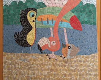 Mosaic painting 60x80 toucan robin and pink flamingo