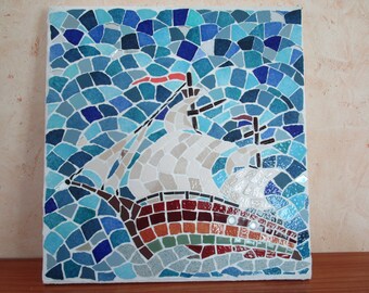 Tableau mosaïque bateau à voiles mer neuf