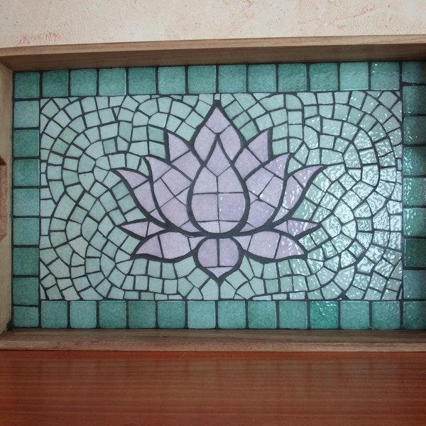 Plateau en bois et mosaïque nénuphar / fleur de lotus neuf