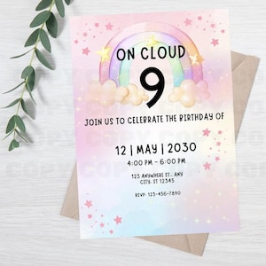 May include: A pastel-colored birthday invitation with a rainbow, clouds, and stars. The text reads "On Cloud 9" and includes the date, time, and RSVP information. The invitation is on a brown envelope, with a sprig of greenery in the upper left corner.