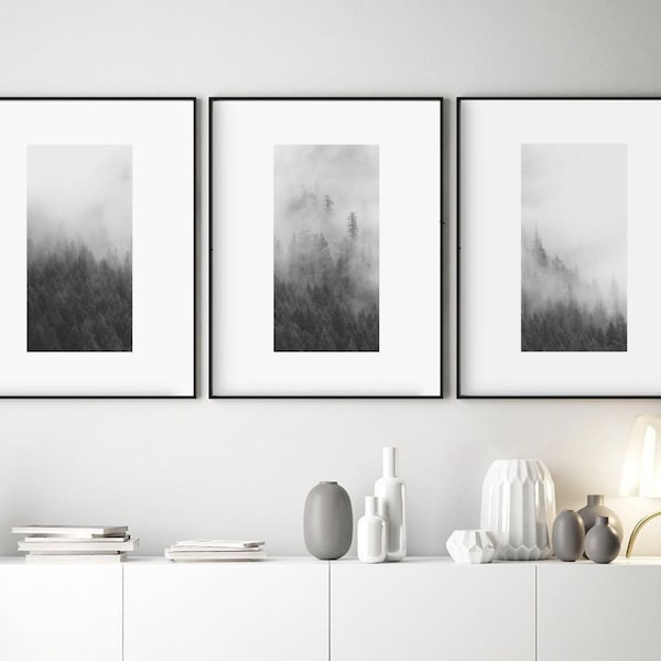 Set of 3 Foggy Mountain Prints - Printable Landscape - Modern Nature Pine Trees Nordic - Black & White Misty Contemporary - Minimal Wall Art