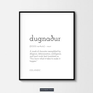 Dugnaður Definition Print - Digital Download - Scandinavian Icelandic Nordic - Black & White - Minimal Typographic Wall Art