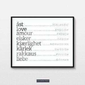 Love Languages Print for Valentines Day Gift Idea Scandinavian Art Print Wedding Gift Finnish Icelandic Norwegian Danish French Wall Art