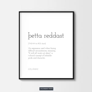 Þetta Reddast Definition Print, Motivation Courage Brave, Scandinavian Icelandic Nordic, Black & White, Minimal Typographic Wall Art