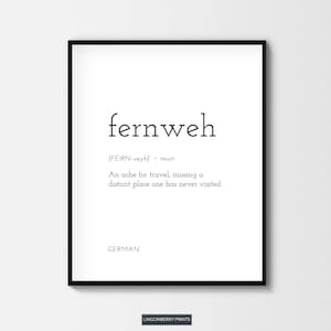 Definición de Fernweh (Fernweh) para imprimir, arte minimalista para pared, palabra nórdica escandinava alemana, cita de diccionario de viajes, arte para pared inspirado en la pasión por viajar