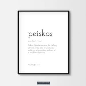Definición de Peiskos (Impresión digital), Descarga digital, Frase inspiradora sobre el fuego acogedor, Hogar escandinavo nórdico noruego, Arte minimalista en blanco y negro para la pared