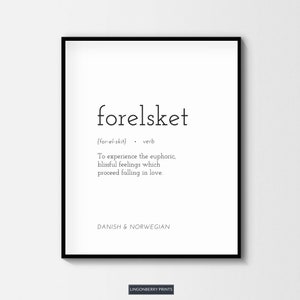 Forelsket Definition Print, Norwegian Danish Scandinavian Nordic Dictionary Style, His & Hers Wedding Bedroom Gift, Minimal Love Wall Art