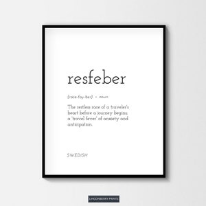 Resfeber Definition Print, Travel Wanderlust Gift, Zweeds Scandinavisch Noords Decor, Woordenboek Typografie Minimal Wall Art