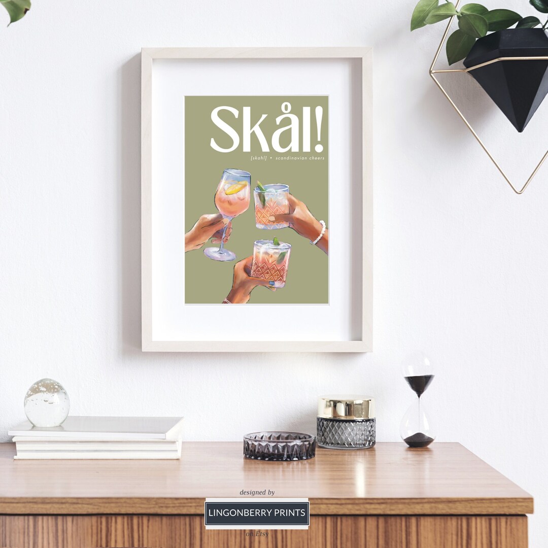 Bar Cart Art, Scandinavian Cheers Print, Norwegian Decor, Cheers in