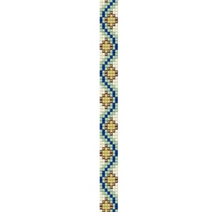 May include: A beaded pattern with a repeating design of blue, green, and yellow beads. The pattern is a vertical strip.