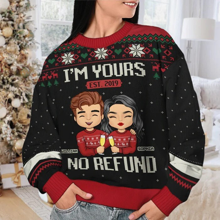 I'm Yours, No Refund Red Style - Couple Personalized Custom Ugly Sweatshirt - Unisex Wool Jumper - New Arrival Christmas Gift For Husband Wife, Anniversary