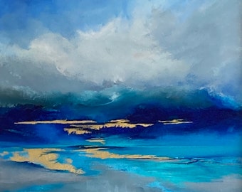 Lazuli Lumina 2, Gold leaf seascape, original 24 carat gold leaf painting by British coastal artist Jo Payne.