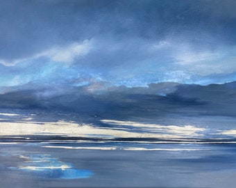 Gathering the Light, White gold leaf seascape painting, an original 12 carat gold leaf oil painting by British coastal artist Jo Payne.