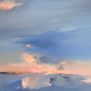 May include: A painting of a seascape with a soft pink and blue sky. The water is calm and reflects the sky. The horizon is in the distance.