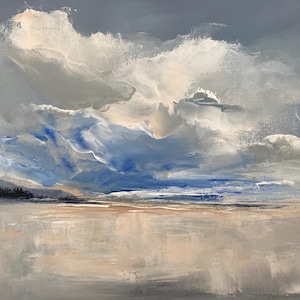 May include: An abstract painting depicting a cloudy sky over a body of water. The artwork features shades of blue, gray, and white, with a hint of beige. The brushstrokes create a sense of movement and texture, evoking a serene atmosphere.