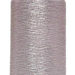 May include: A spool of silver metallic thread. The thread is tightly wound around a cylindrical core, with a black base and top. The metallic thread has a shiny, reflective quality, ideal for various crafting projects.