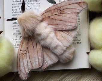 Exquisite Silkmoth Brooch in Beige Elegance - Handcrafted Nature-inspired Jewelry