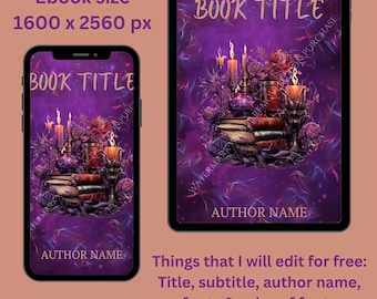 Witchy fantasy ebook cover with books, candles, and flowers