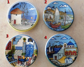 Ceramic Magnets, Greek Islands (refrigerator magnets, kitchen magnets, fridge round magnets, magnets set, magnets for boards)