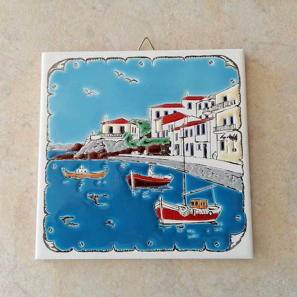 Ceramic Art Tile, Greek Handmade, Hand Painted in Relief Wall Hanging Tile, Wall Decor, Landscape, Boats on the Sea (stoneware, pottery)