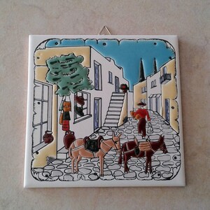 Ceramic Art Tile, Greek Handmade, Hand Painted in Relief Wall Hanging Tile, Wall Decor, Donkeys, Landscape Wall Art (stoneware, pottery)
