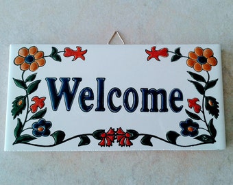 Ceramic Art Tile, Greek Handmade, Hand Painted in Relief Wall Hanging Tile, Wall Decor, Welcome Sign for Home (stoneware, pottery)