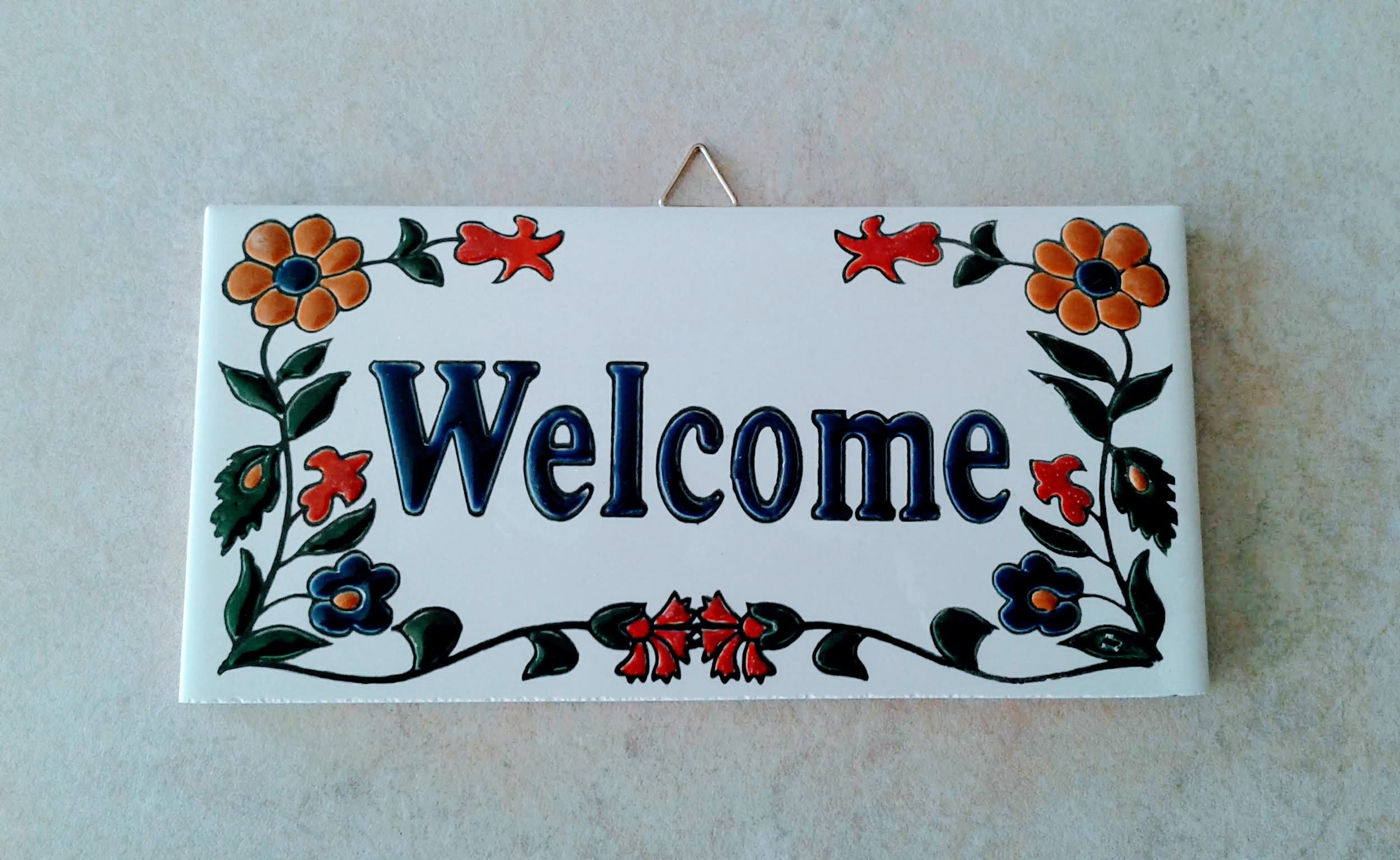 Ceramic Art Tile, Greek Handmade, Hand Painted in Relief Wall Hanging Tile, Wall Decor, Welcome Sign for Home (stoneware, pottery)