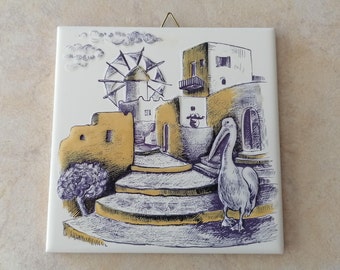 Ceramic Art Tile, Greek Handmade, Hand Painted in Relief Wall Hanging Tile, Wall Decor, Landscape, Mykonos, Vintage (stoneware, pottery)