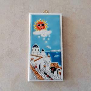 Ceramic Art Tile, Greek Handmade, Hand Painted in Relief Wall Hanging Tile, Wall Decor, Landscape, Santorini Island (stoneware, pottery)