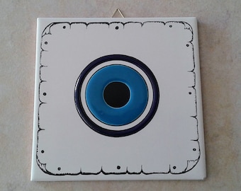 Ceramic Art Tile, Handmade, Hand Painted in Relief Wall Hanging Tile, Decorative Tile, Kitchen Tile, Evil Eye, Wall Art (stoneware, pottery)