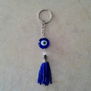 Evil Eye Keychain Keyring, Glass Eye Charm with small Blue Beads, Greek Evil Eye, Turkish Evil Eye Decor, Amulet, Bag Charm Accessories