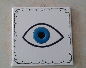 Ceramic Art Tile, Handmade, Hand Painted in Relief Wall Hanging Tile, Decorative Tile, Kitchen Tile, Evil Eye, Wall Art (stoneware, pottery)