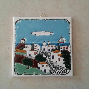 Ceramic Art Tile, Greek Handmade, Hand Painted in Relief Wall Hanging Tile, Wall Decor, Landscape, Village (stoneware, pottery)