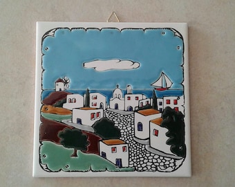 Ceramic Art Tile, Greek Handmade, Hand Painted in Relief Wall Hanging Tile, Wall Decor, Landscape, Village (stoneware, pottery)