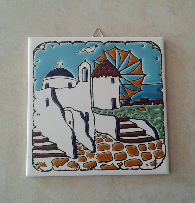 Ceramic Art Tile, Greek Handmade, Hand Painted in Relief Wall Hanging