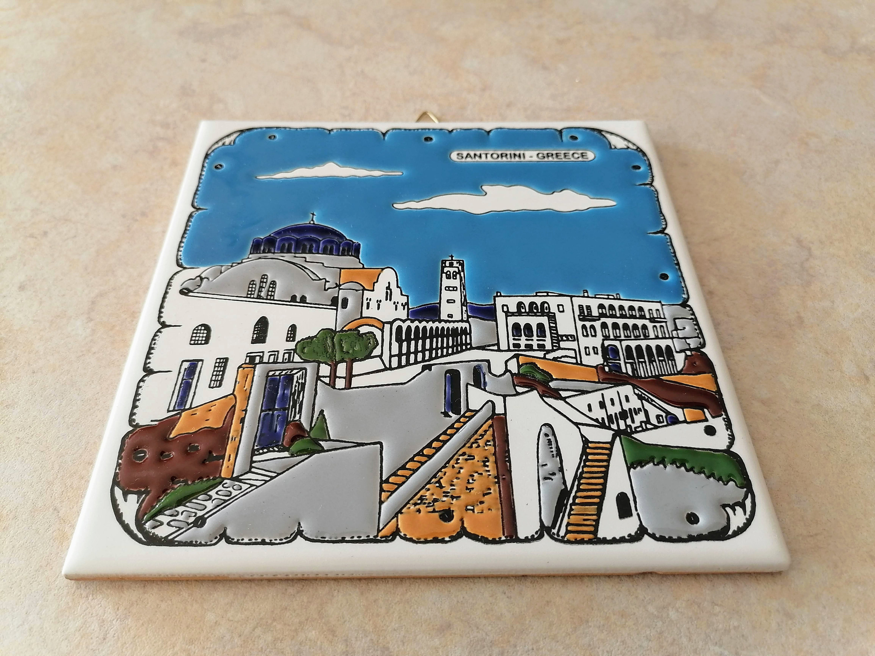 Ceramic Art Tile, Greek Handmade, Hand Painted in Relief Wall Hanging Tile, Wall Decor