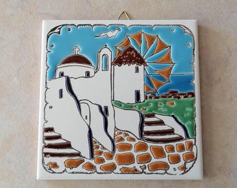 Handmade Greek Ceramic Art Tile: Mykonos Windmill Landscape Wall Decor