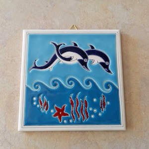 Ceramic Art Tile, Greek Handmade, Hand Painted in Relief Wall Hanging Tile, Decorative Tile, Kitchen Tile, Dolphins (stoneware, pottery)