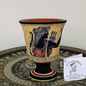 Pythagoras cup, Pythagorean cup of justice or Fair cup, Museum Copy, engraved in hand, depicts Greek Goddess Artemis (stoneware, pottery)