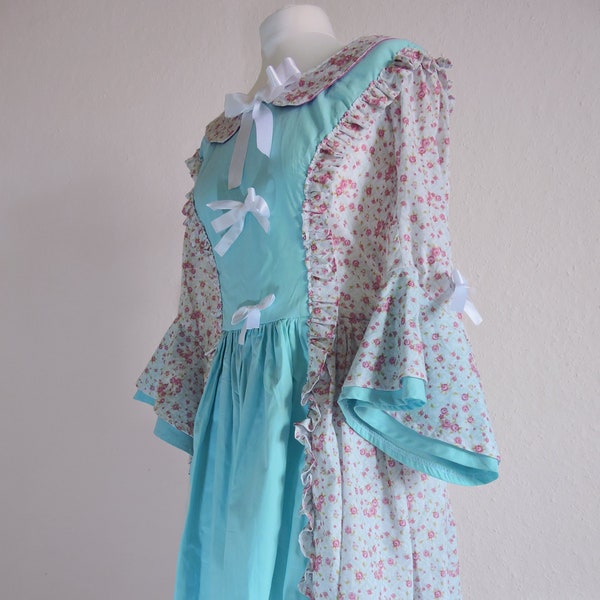OP Classic Lolita Dress cute victorian pink blue flowers adult flared sleeves and satin bow gather size 38 (M)