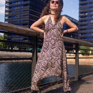 Bohemian backless one-piece saroual jumpsuit, bohemian hippie chic, black and brown tribal ethical geometric pattern, wide cargo legs