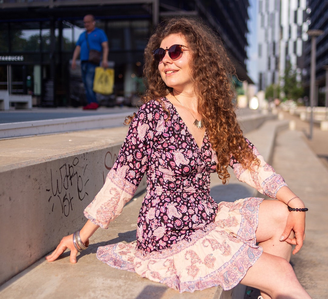 Robe courte mi longue à motifs d'été boheme, hippie chic bohemian