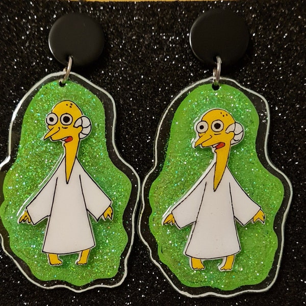 Mr. Burns alien pendientes. Los simpsons. halloween disfraz. X files. I bring you love. Glitter earrings. Hecho a mano.