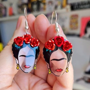 FRIDA KAHLO transparent earrings. Halloween. Flowers. Feminist. Minimalist portrait. Handmade